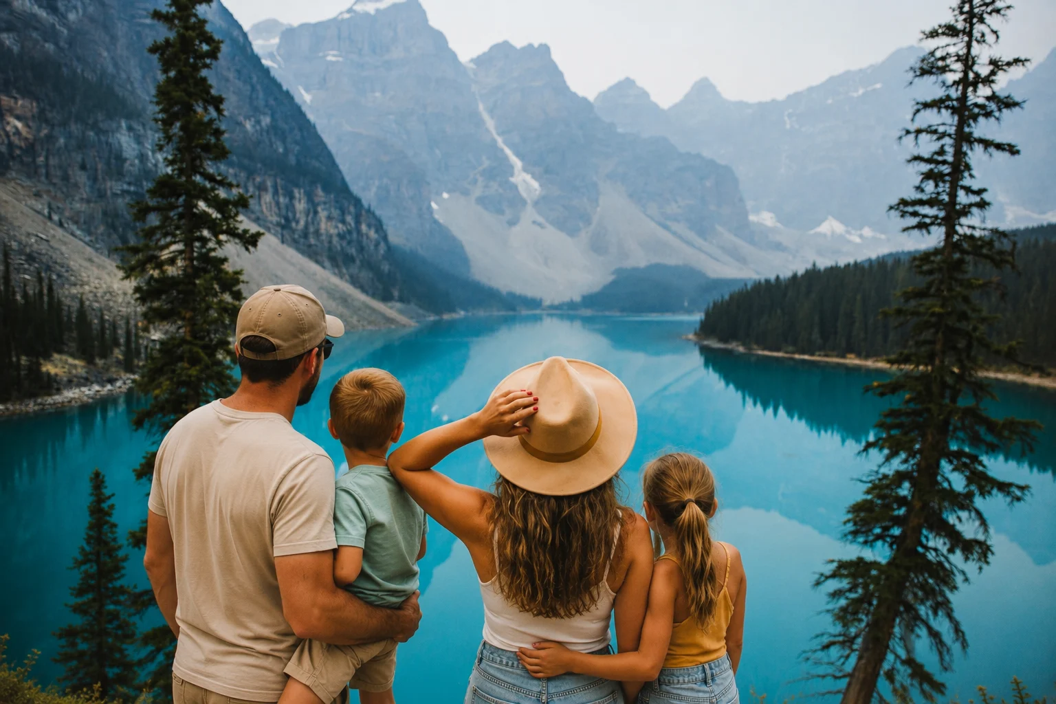 Une famille admirant un lac turquoise entouré de montagnes.