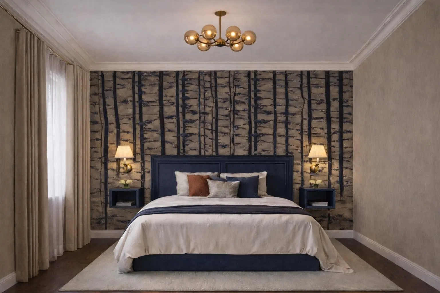 Chambre élégante avec un lit king-size et un décor moderne.