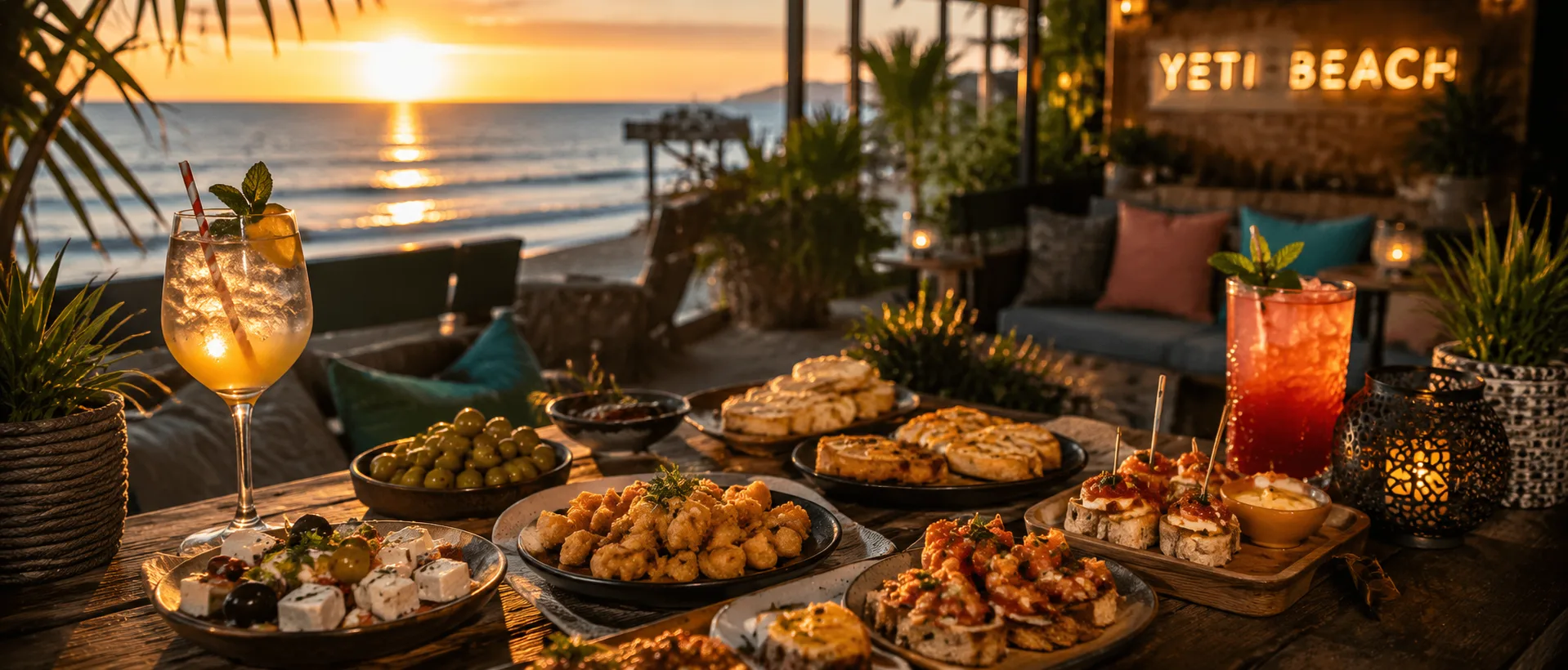 A variety of dishes and drinks on a table at sunset by the beach.