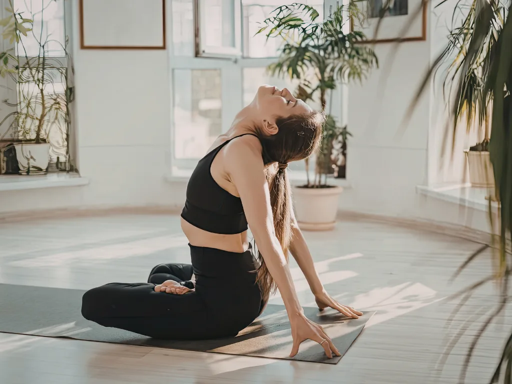 Woman practicing yoga in a bright indoor space surrounded by plants.
