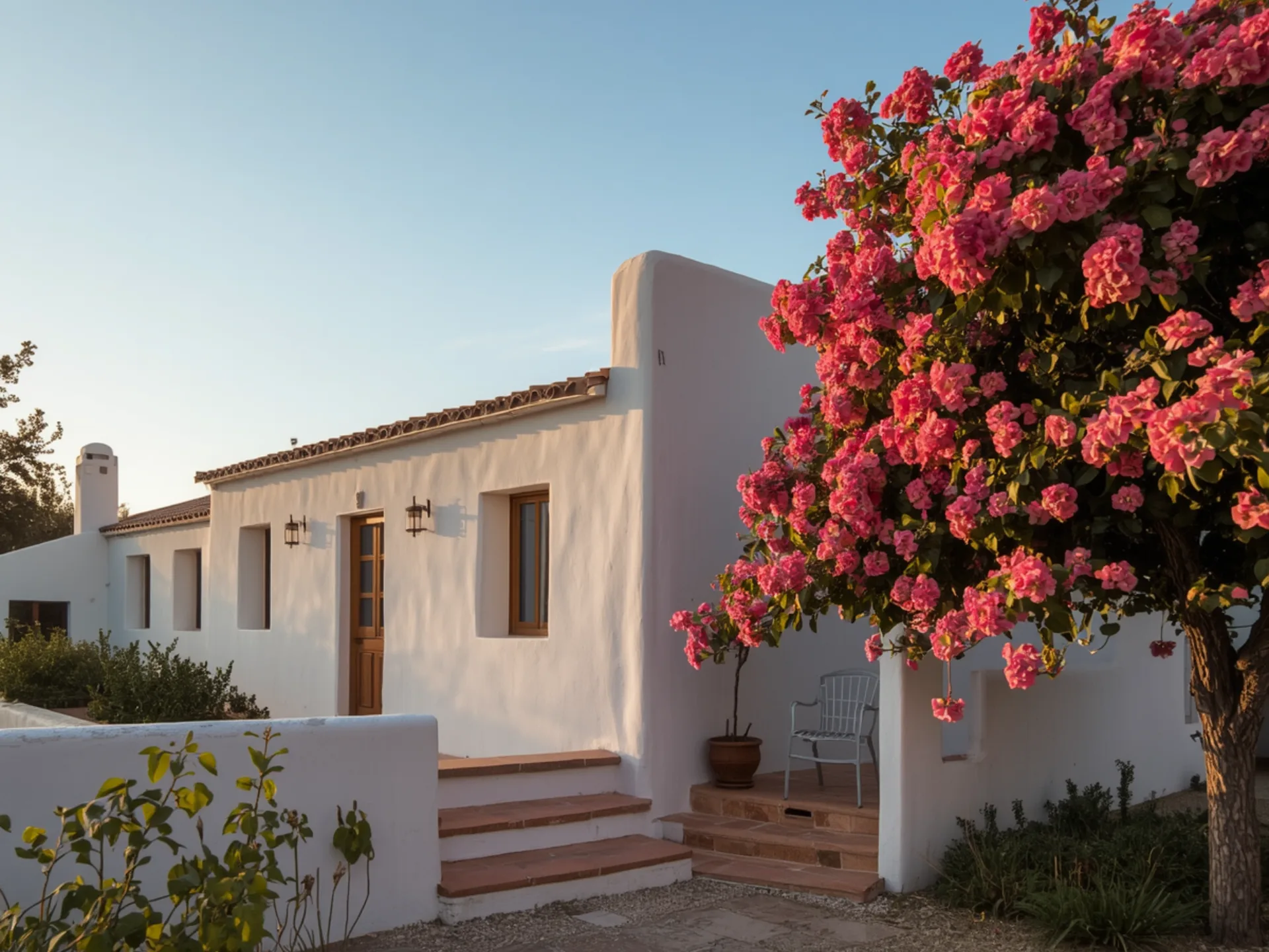 Charming white villa with pink flowers in Ibiza.