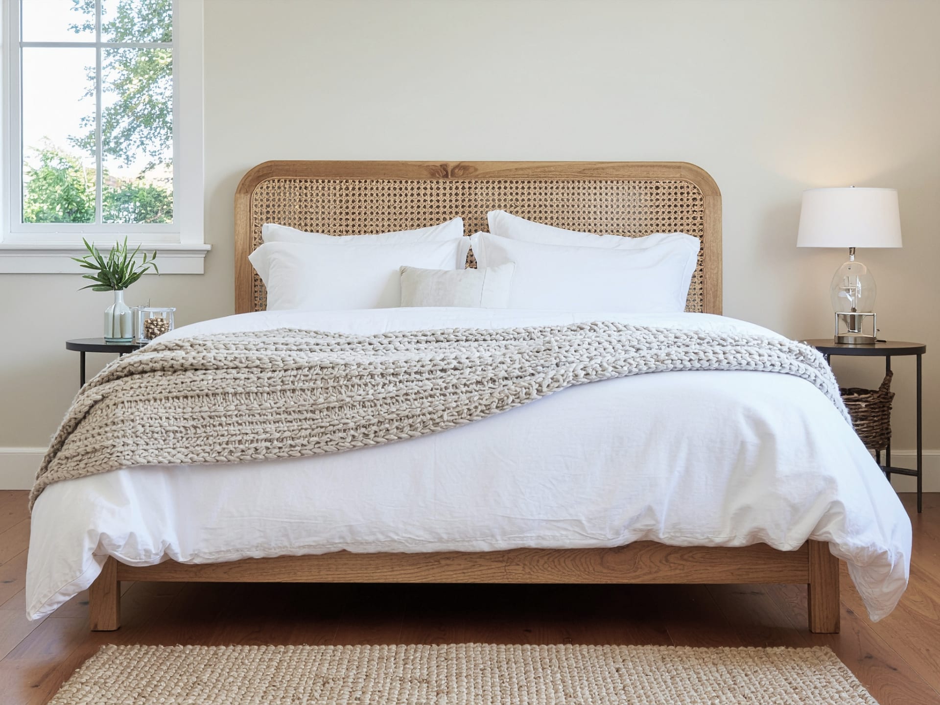 Cozy bedroom with a wooden bed and soft white linens.