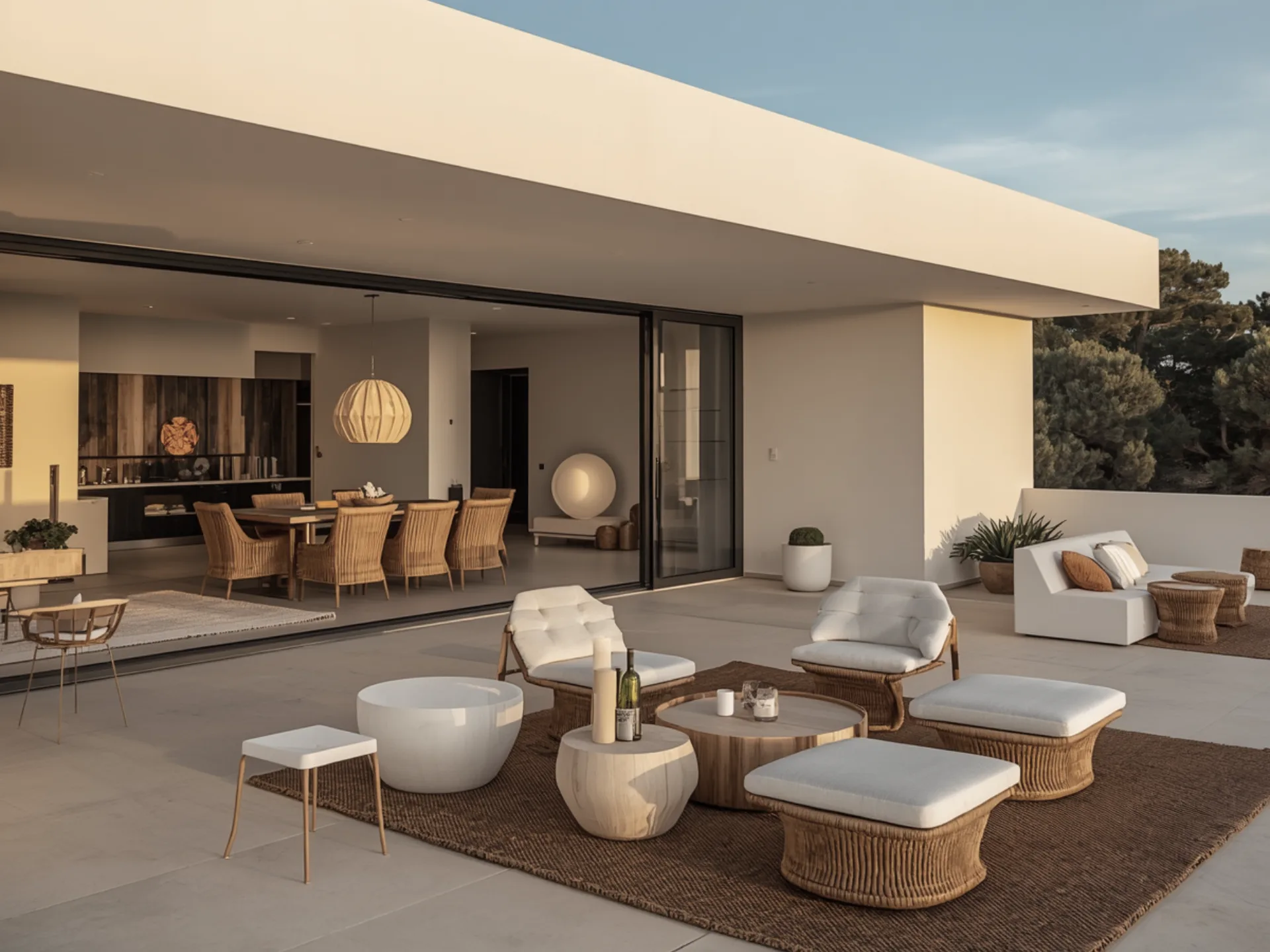 Modern outdoor living area with stylish furniture and a view.