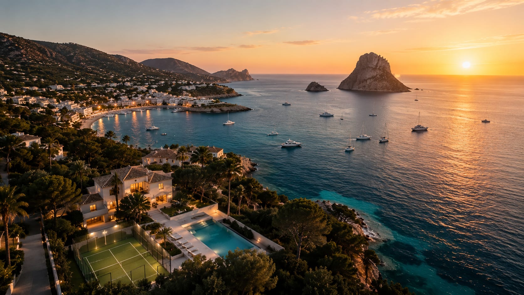 Scenic view of a villa by the coast at sunset with boats in the water.