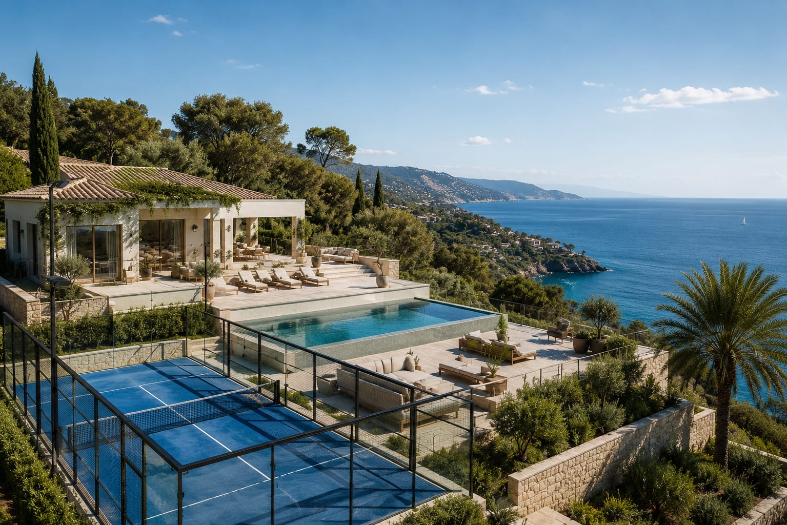 Luxury villa with a pool and tennis court overlooking the sea.