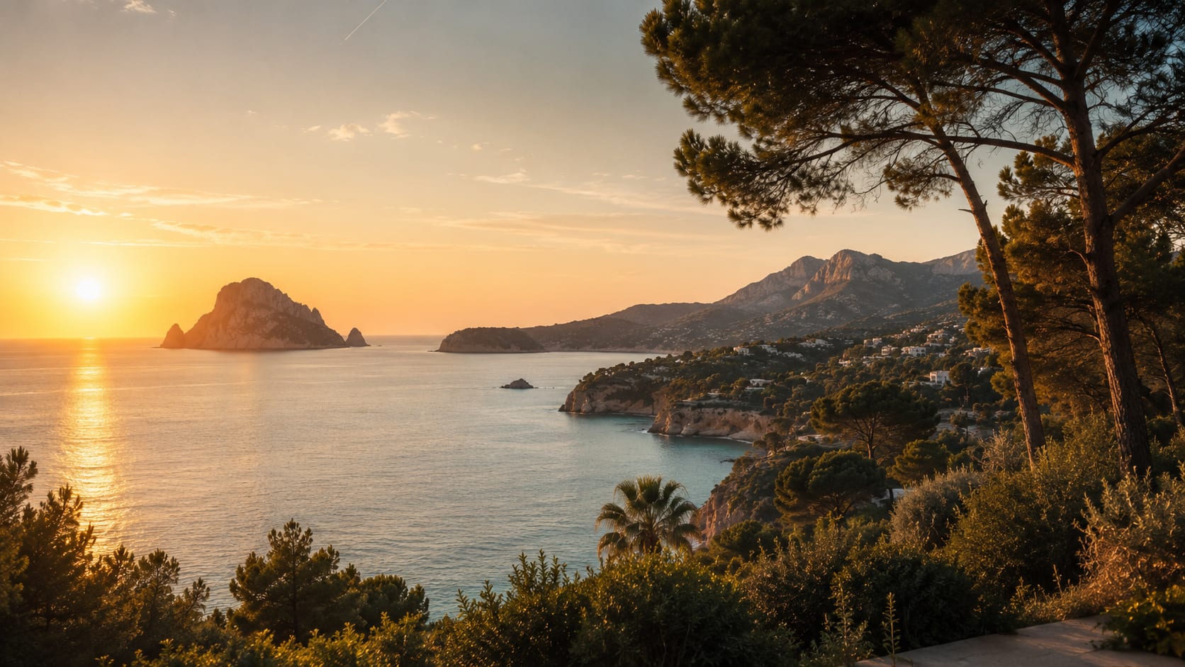 Scenic view of a coastal landscape during sunset.