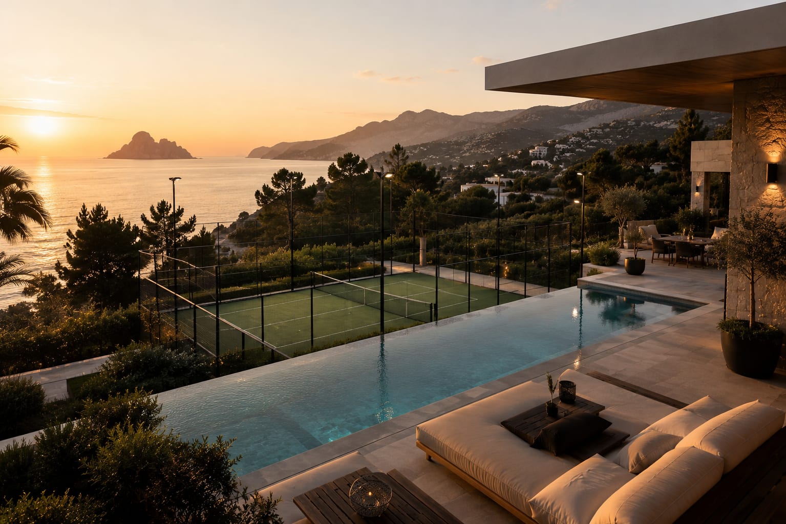 Luxury villa with a sunset view over the ocean and a tennis court.