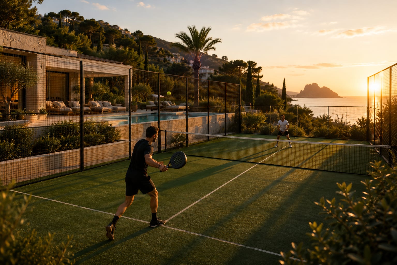 Two men playing tennis on a court overlooking the ocean at sunset.