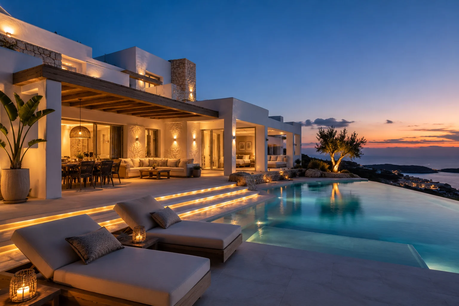 Modern villa with pool at sunset