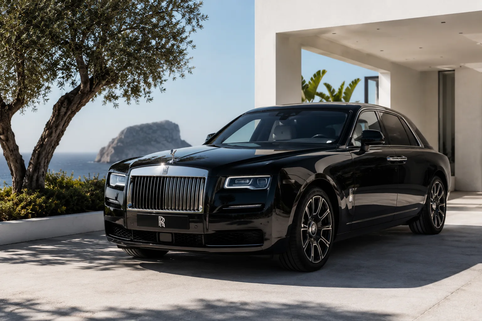 Elegant black car in front of a modern villa
