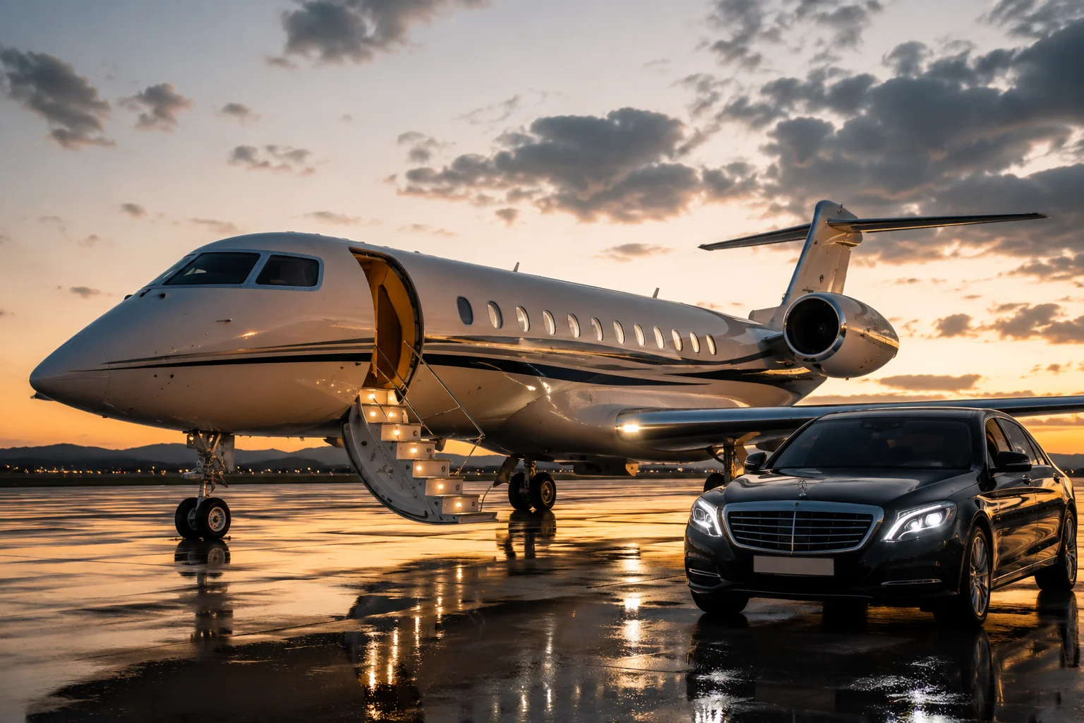 Private jet and luxury car on the runway at sunset