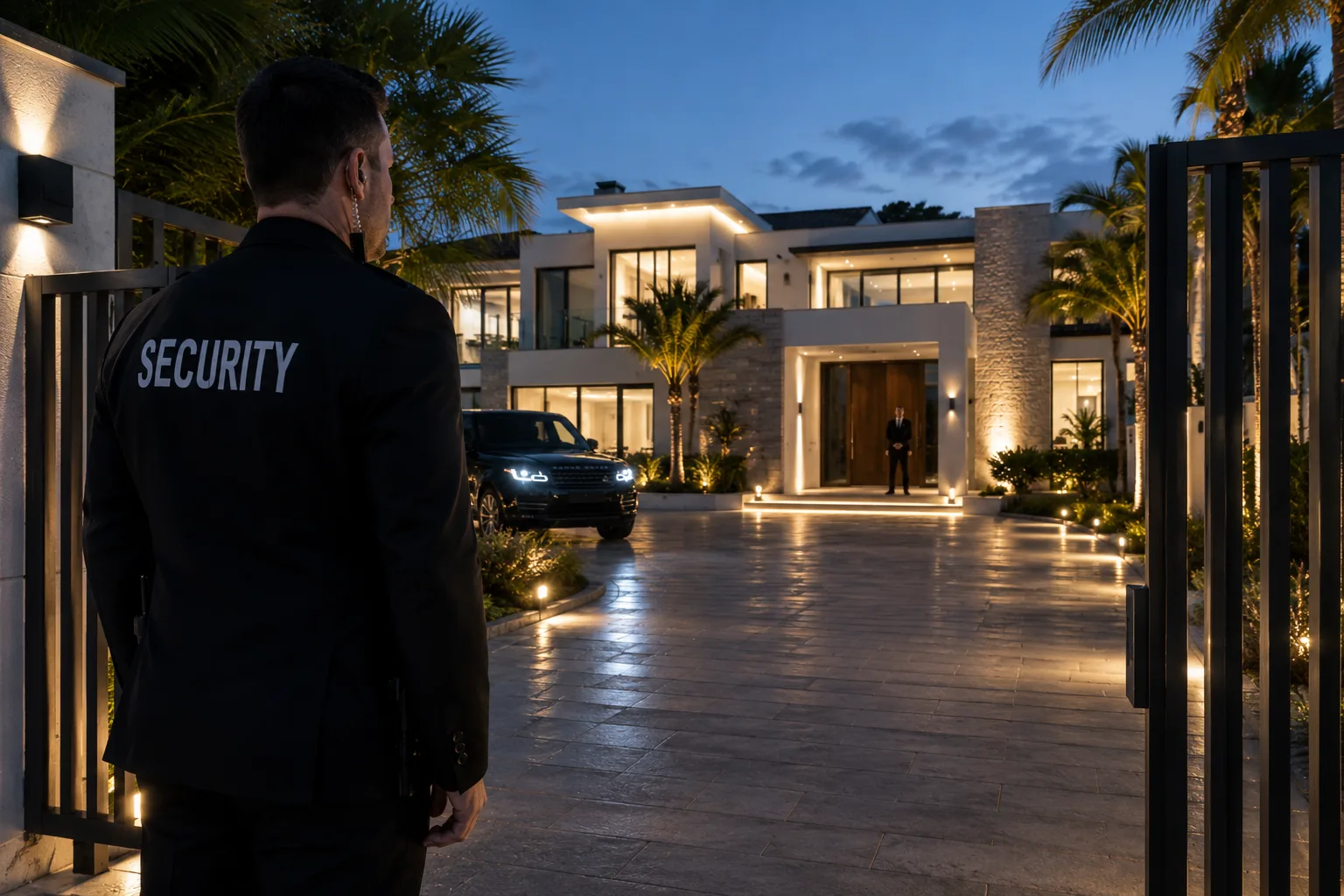 Security guard in front of a modern villa at night