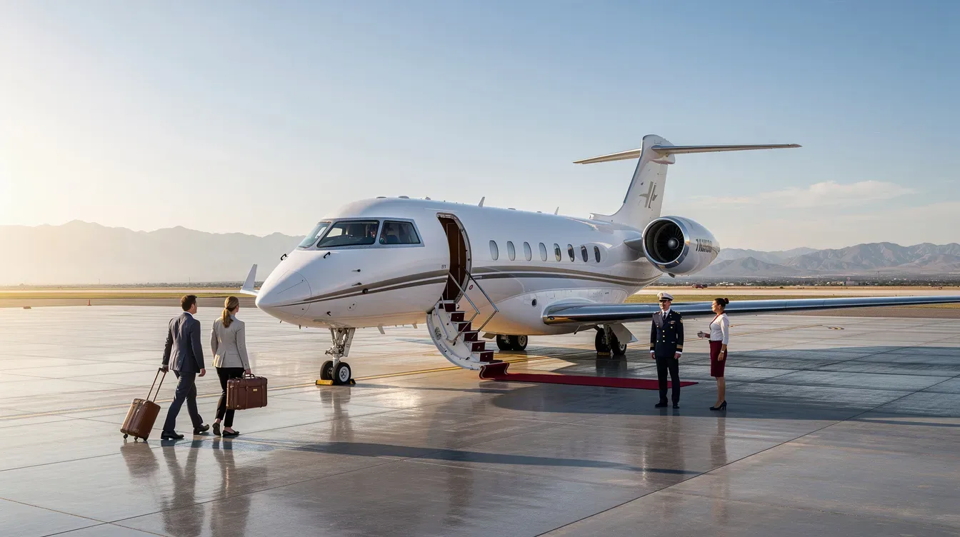 Private jet on a runway with passengers and crew.